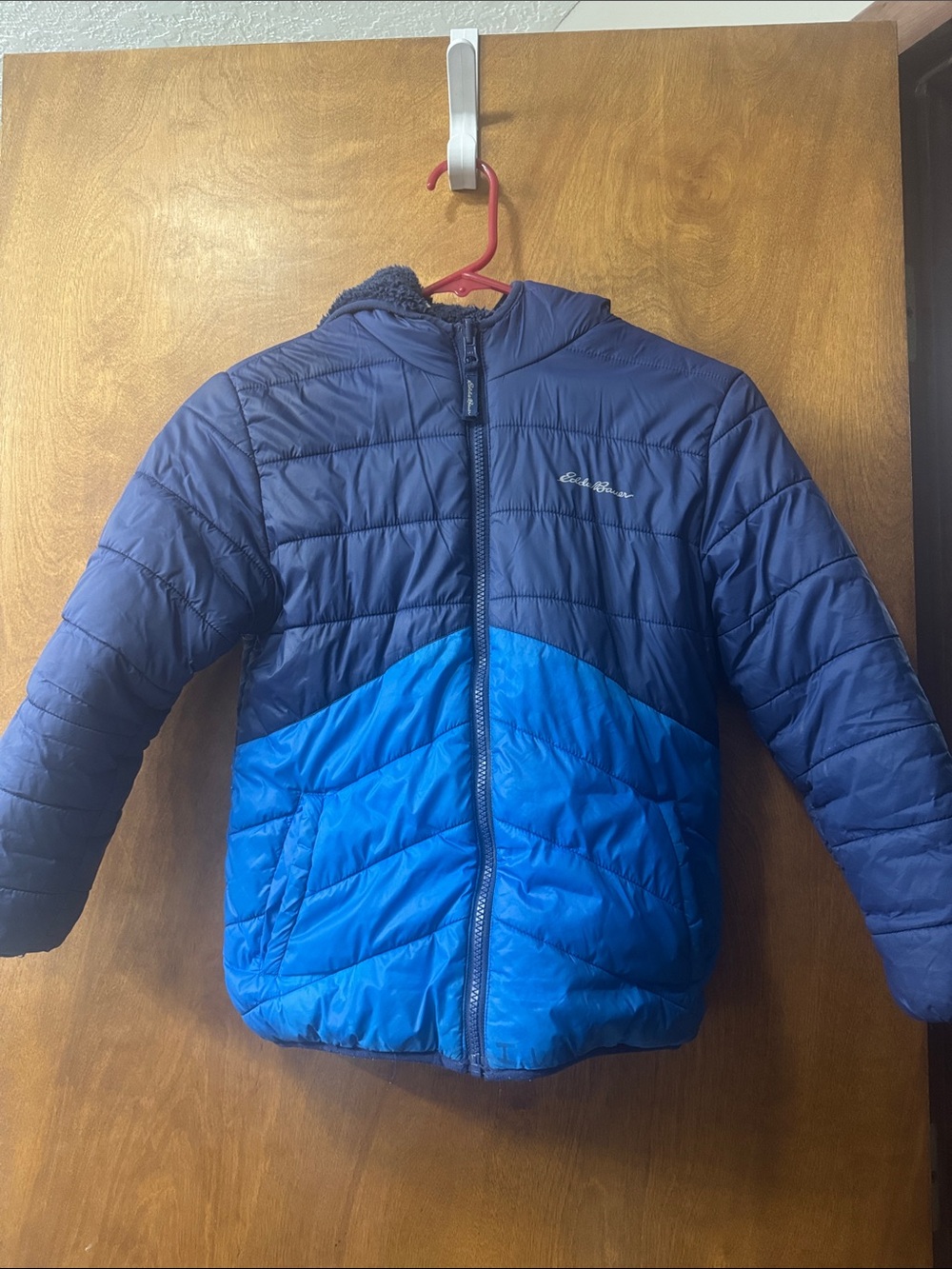 Eddie Bauer Kids Navy and Bright Blue Colorblock Reversible Hooded Jacket